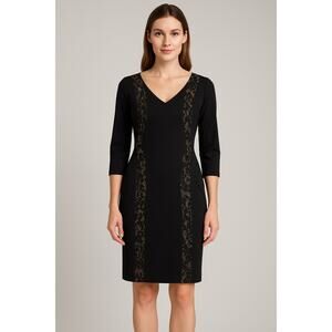 Rickie Freeman Teri Jon Dress Womens 8 Black Lace Trim Sheath Cocktail Fitted